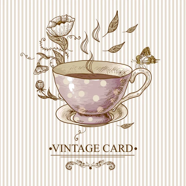 Cartão vintage com copo, flores e borboleta — Vetor de Stock