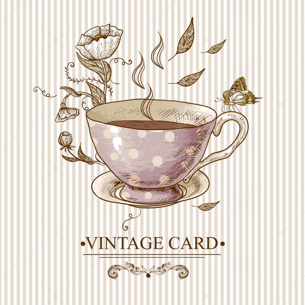 Vintage Card with Cup, Flowers and Butterfly