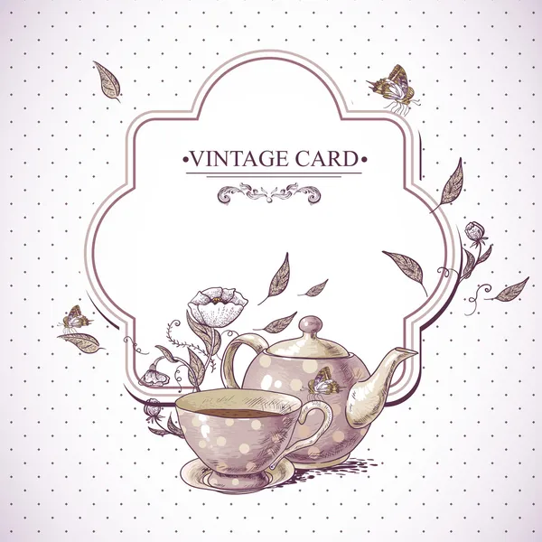 Tarjeta Vintage de invitación con copa, maceta y flores — Vector de stock