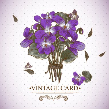 Vintage Floral Card with Violets and Butterflies clipart