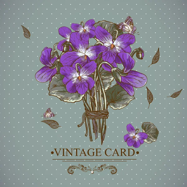 Vintage floral kaart met viooltjes en vlinders — Stockvector