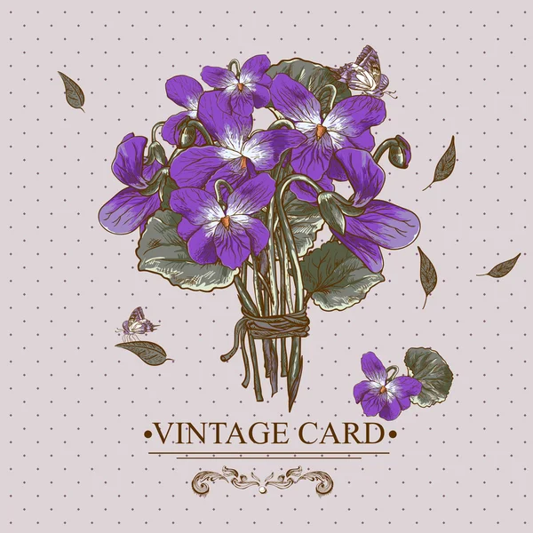 Vintage floral kaart met viooltjes en vlinders — Stockvector