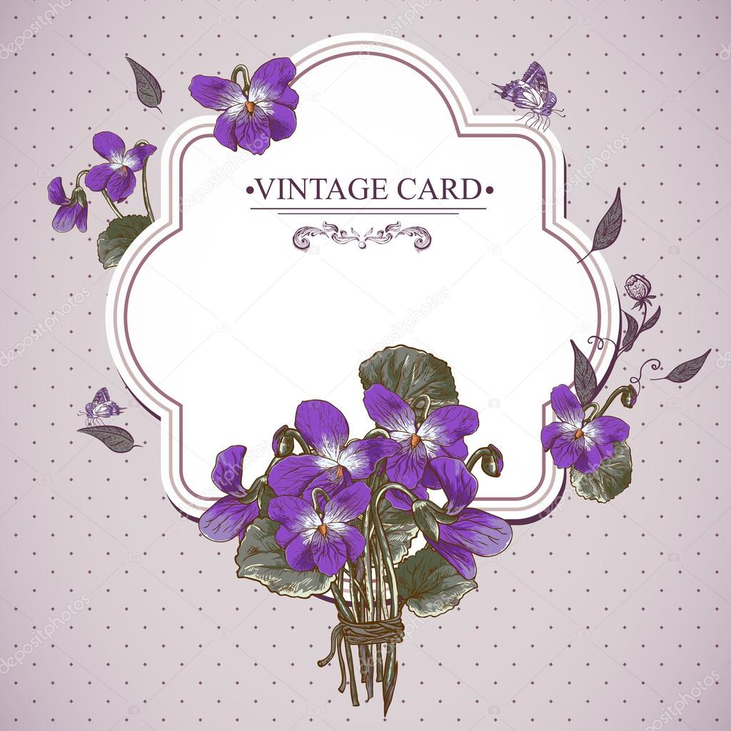 Vintage Floral Card with Violets and Butterflies