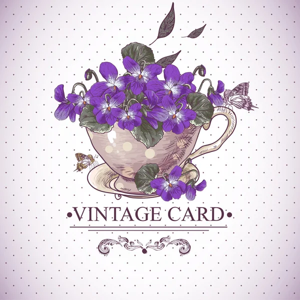 Fondo floral vintage con violetas en una taza — Archivo Imágenes Vectoriales