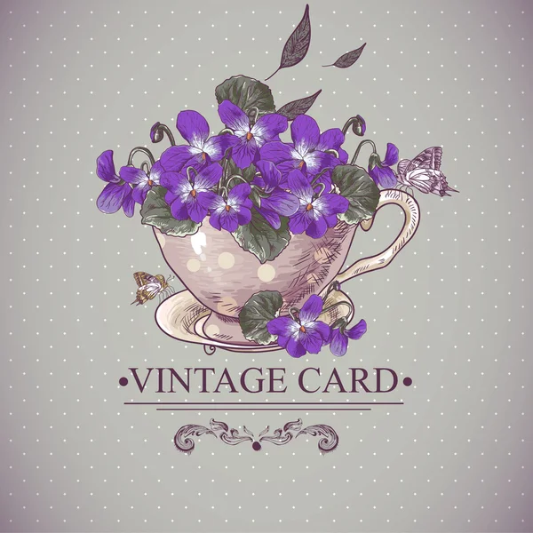 Vintage Floral Background with Violets in a Cup — Stock Vector