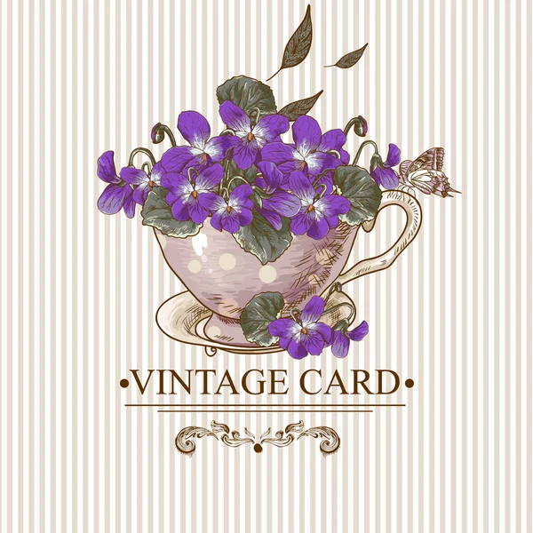 Fundo floral vintage com violetas em uma xícara — Vetor de Stock