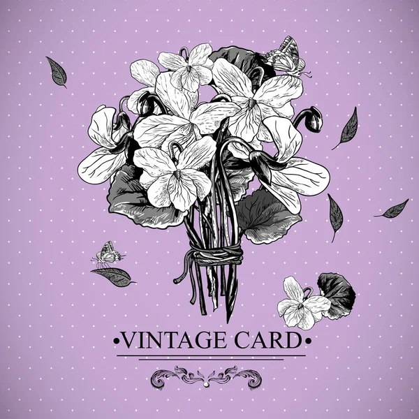 Vintage Monochrome Floral Card with Violets — Stock Vector