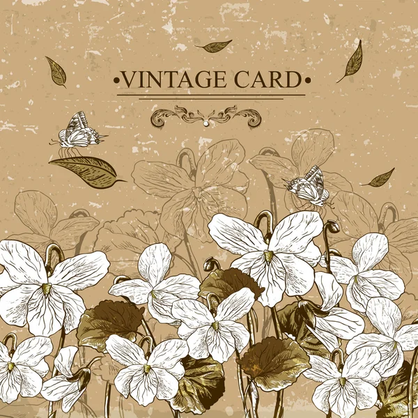 Vintage zwart-wit bloemen kaart met viooltjes — Stockvector