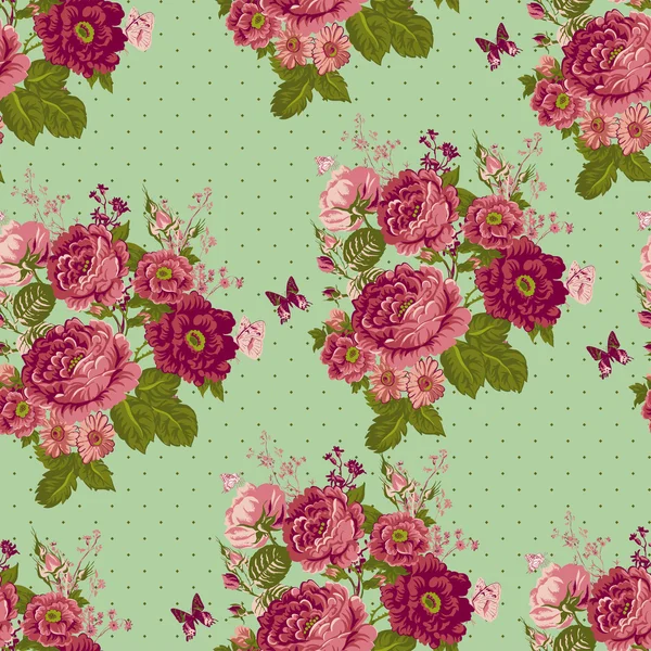 Fundo de rosas sem costura vintage com borboletas — Vetor de Stock