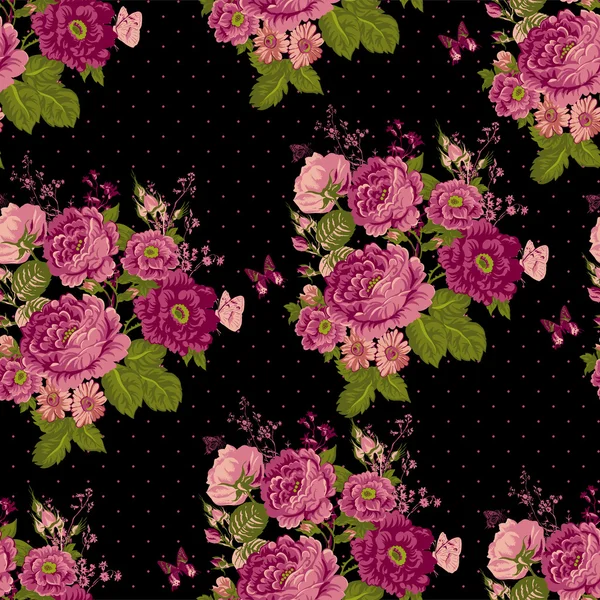 Fundo de rosas sem costura vintage com borboletas —  Vetores de Stock