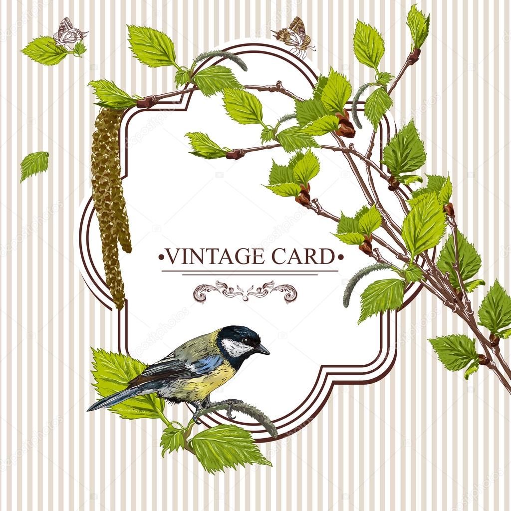 Vintage Card with Birch Twigs and Bird Tit