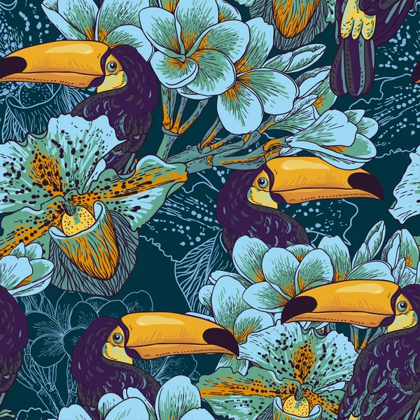 Perroquet tropical sans couture aux fleurs et Toucan — Image vectorielle