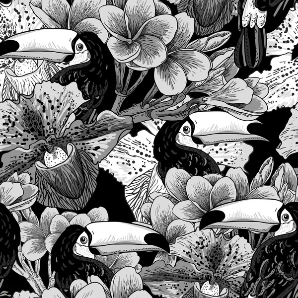 Τροπικά χωρίς συγκόλληση parrern με λουλούδια και toucan — Διανυσματικό Αρχείο