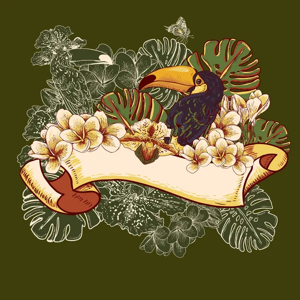 Tarjeta floral exótica tropical con tucán — Archivo Imágenes Vectoriales