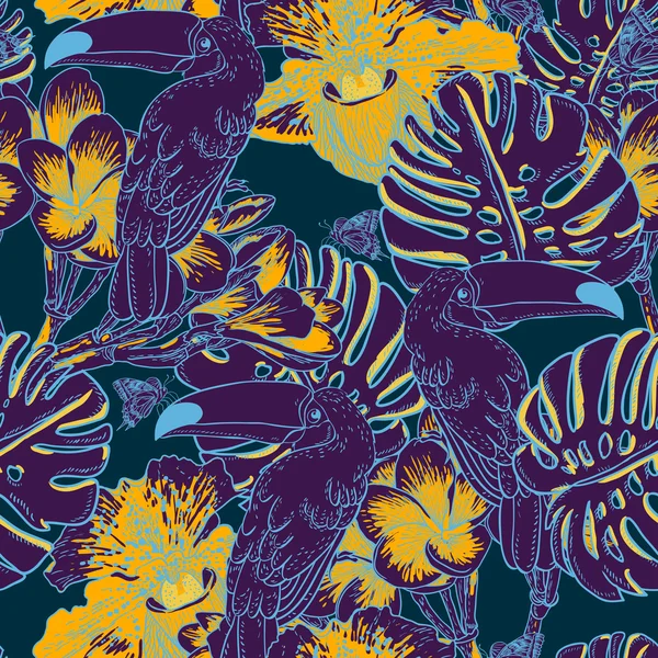 Fondo floral tropical sin costuras con Toucan — Archivo Imágenes Vectoriales