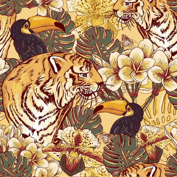 Tropical floral seamless background with Tiger — Stock Vector