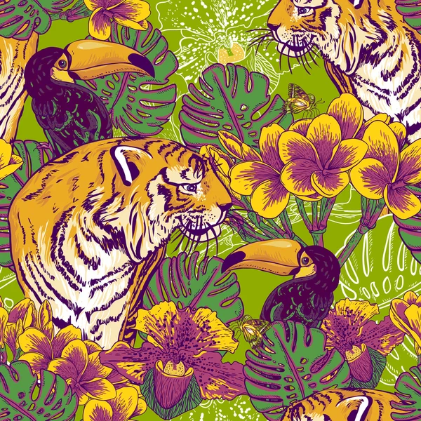 Tropical floral seamless background with Tiger — Stock Vector