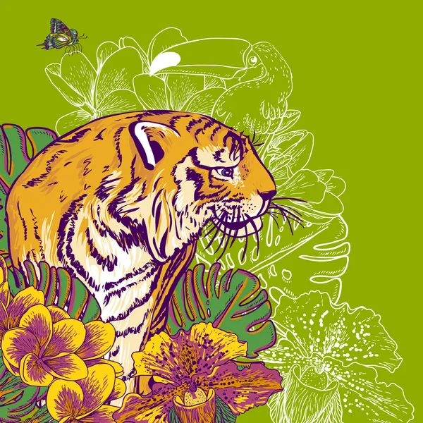 Tropical Exotic Floral Background with Tiger — Stock Vector