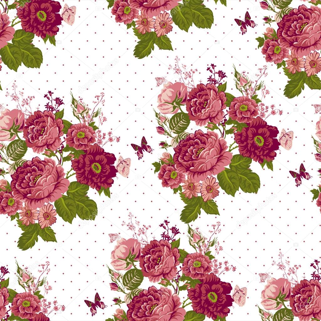 Vintage Seamless Roses Background with Butterflies