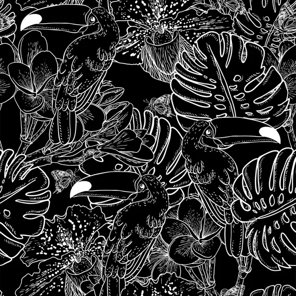 Tropiska blommor sömlös bakgrund med toucan — Stock vektor