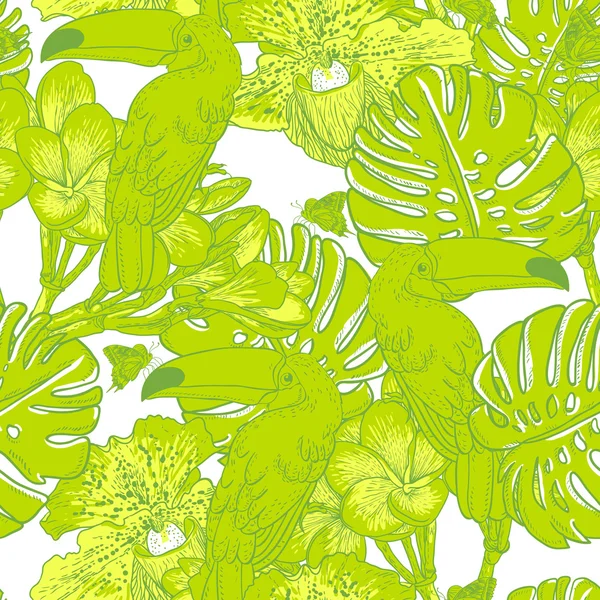 Patrón verde sin costuras con flores y tucán — Vector de stock