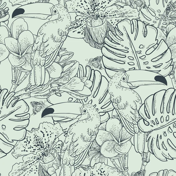 熱帯花のシームレスな背景のオオハシ — ストックベクタ