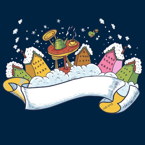 Fond de Noël avecMaisons et Tea Party — Image vectorielle