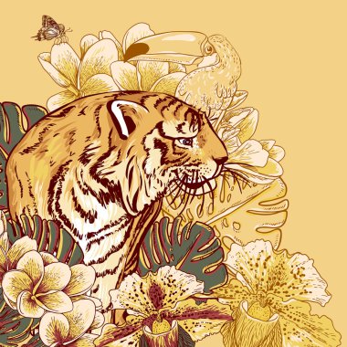 toucan ve kaplan tropikal egzotik çiçek kartı.