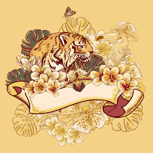 オオハシと虎の熱帯のエキゾチックな花カード — ストックベクタ