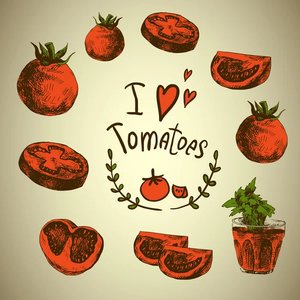 Elle çizilmiş kroki sebze, domates. — Stok Vektör