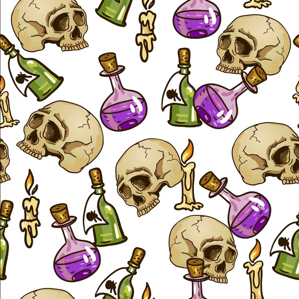 Patrón sin costuras Doodle con frascos y calaveras — Archivo Imágenes Vectoriales