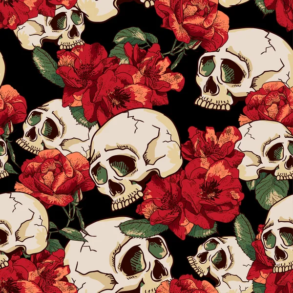 Calavera y flores Fondo sin costuras — Vector de stock