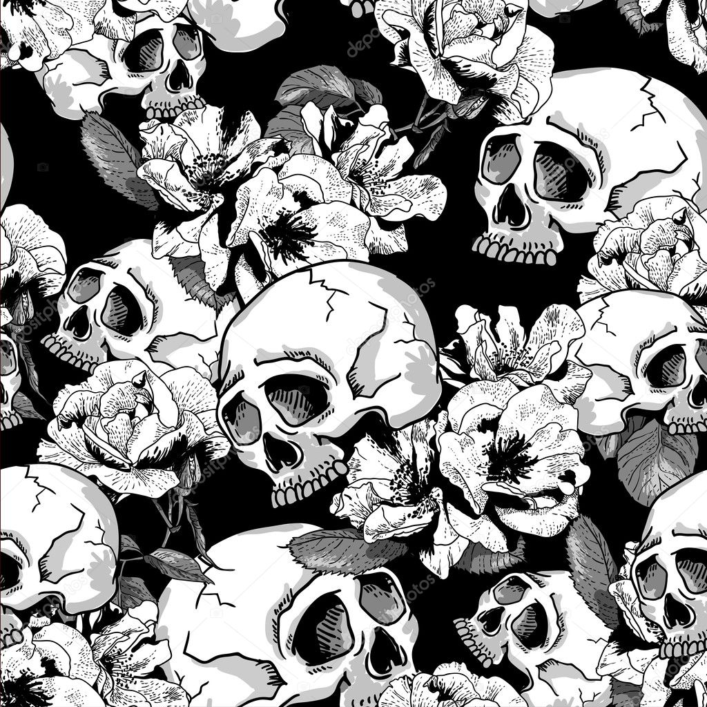 Skull and Flowers Seamless Background