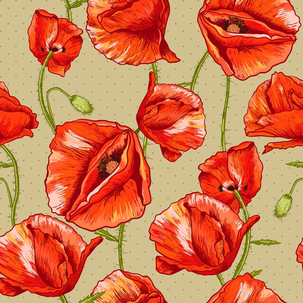 Nahtloser floraler Hintergrund mit rotem Mohn — Stockvektor