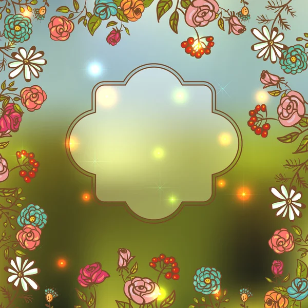 Carte d'invitation aux fleurs, cadre floral avec ruban — Image vectorielle
