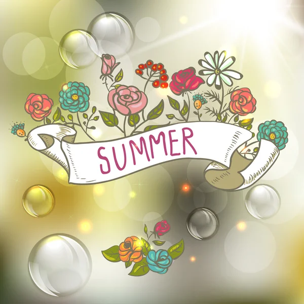Carte d'invitation aux fleurs, cadre floral avec ruban — Image vectorielle