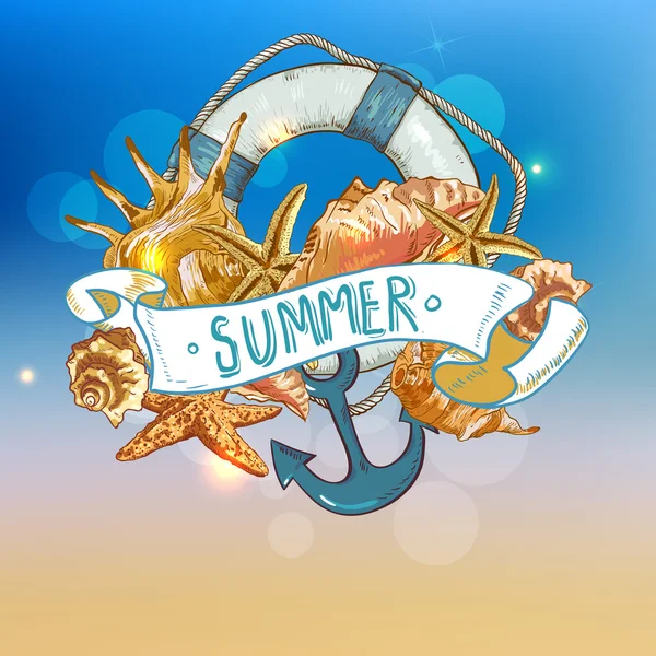 Summer Card with Sea Shells, Anchor, Lifeline — Stock Vector