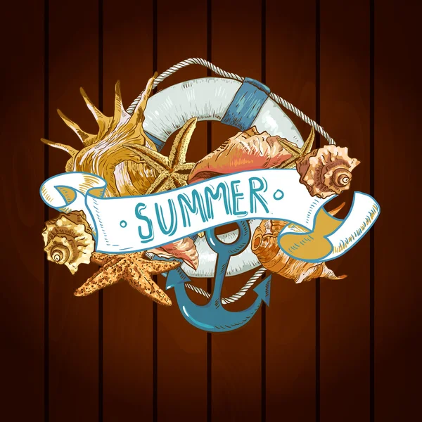 Summer Card with Sea Shells, Anchor, Lifeline — Stock Vector