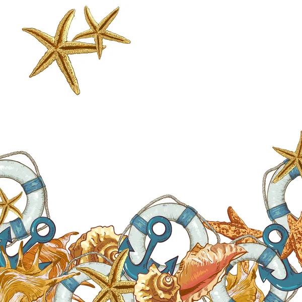 Deniz kabukları, çapa, yaşam çizgisi ile yaz kartı — Stok Vektör