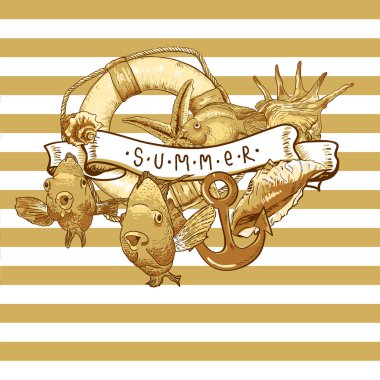 Deniz kartı, çapa, can simidi ve balık