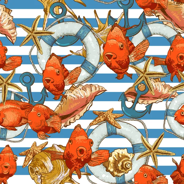 Fondo sin costuras con conchas marinas y peces — Vector de stock