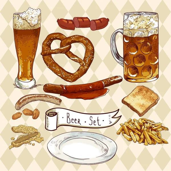 Ensemble de bières avec verres à bière, bretzel, saucisses — Image vectorielle