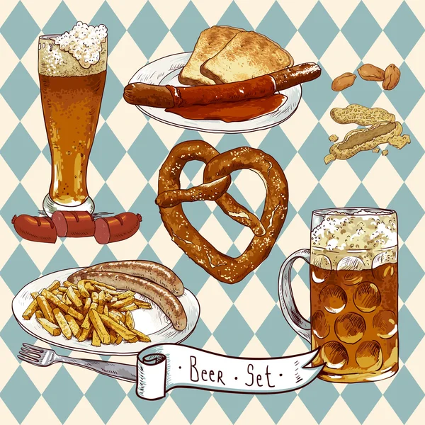 Beer Set with beer glasses, pretzel, sausages — Stock Vector