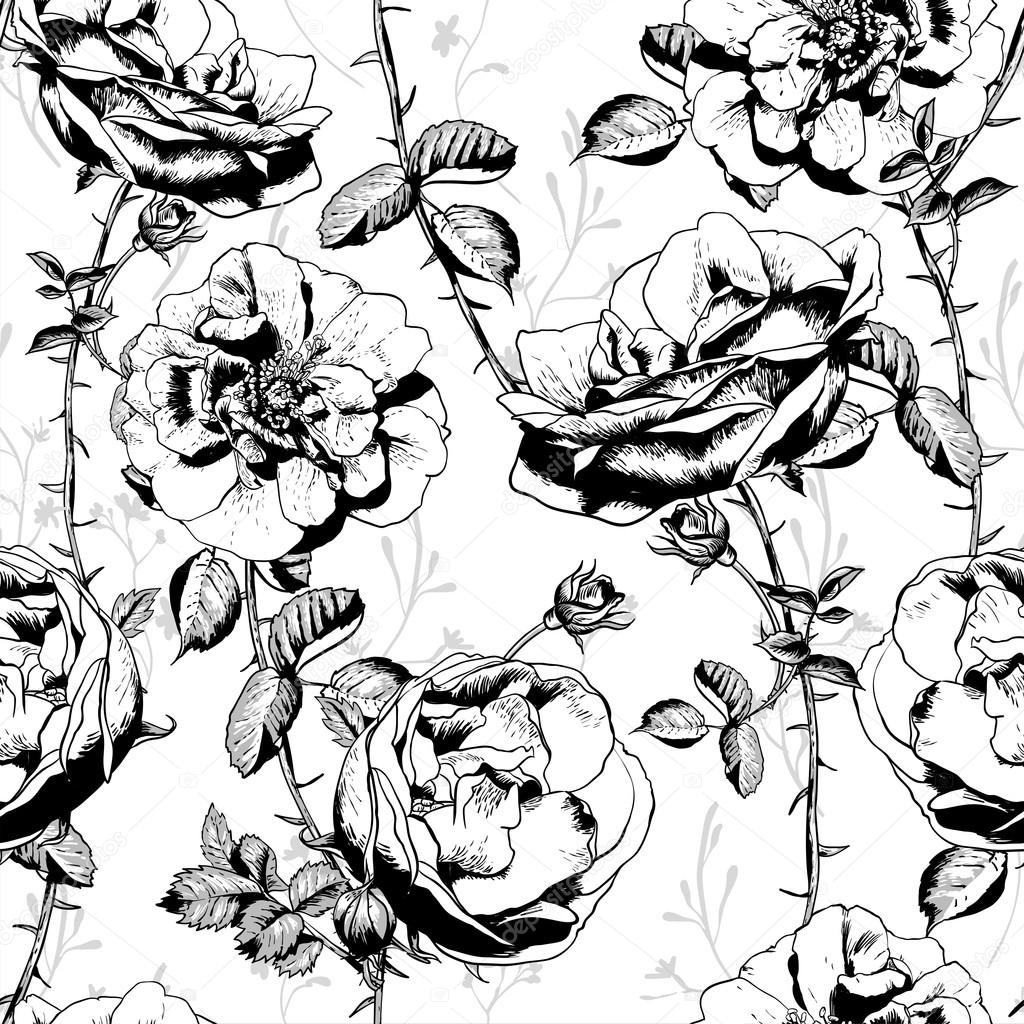 Black and White Floral Seamless Background