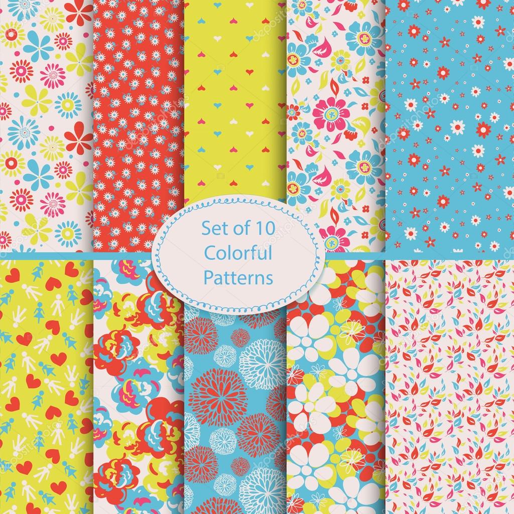 Set of 10 seamless floral and hearts background