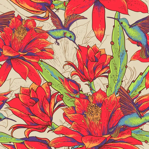 Fleurs de fond et colibris sans couture — Image vectorielle