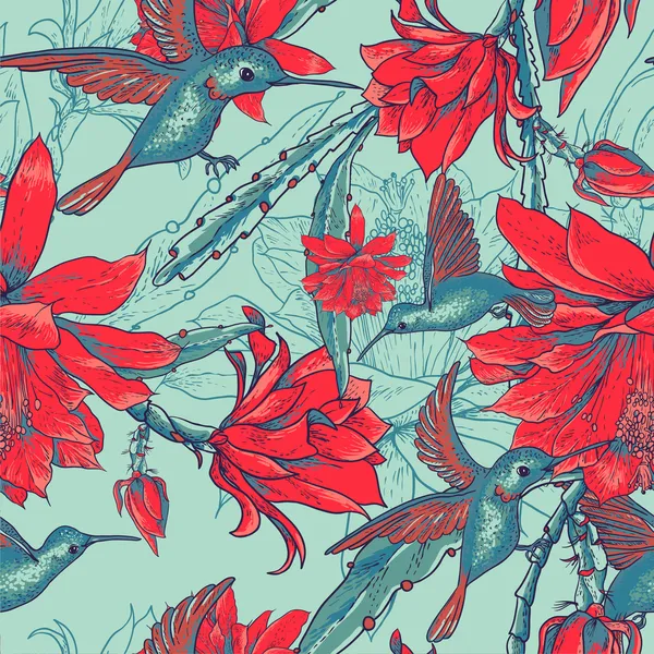 Fleurs de fond et colibris sans couture — Image vectorielle