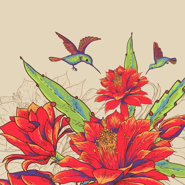 Карточка с красными цветами и колибри . — стоковый вектор