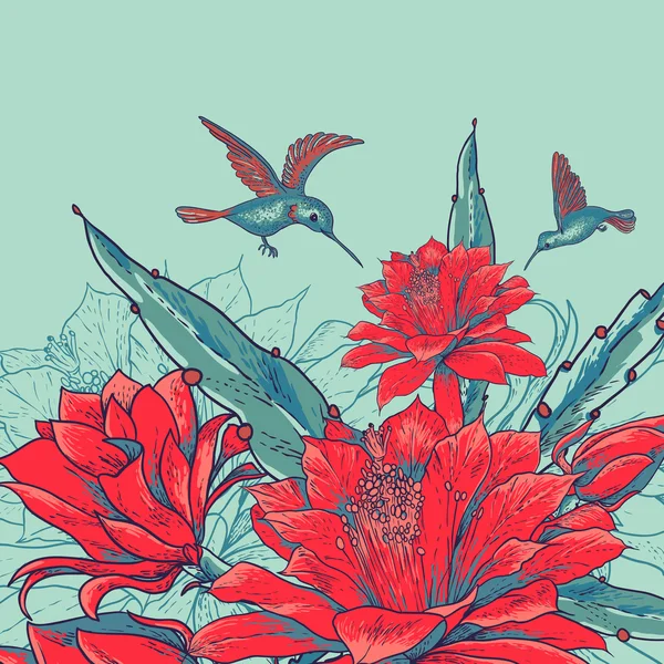Vintage kaart met rode bloemen en kolibries. — Stockvector