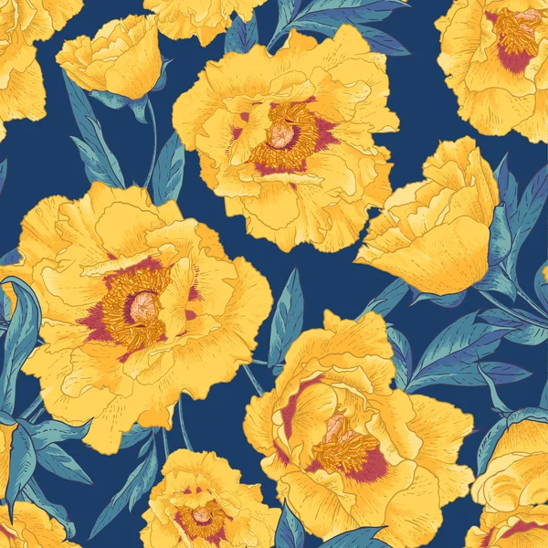 黄色い花を持つ熱帯のシームレスなパターン — ストックベクタ
